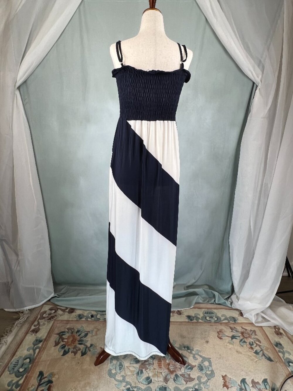 Christina Love Bandeau Spaghetti Strap Maxi Dress Nautical Navy White Stripe S
